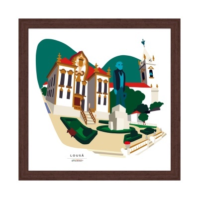 Ilustração digital de edifício histórico, jardim e estátua na Lousã em moldura de madeira