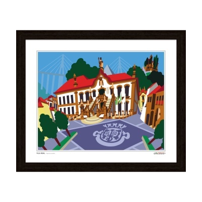 Gravura emoldurada de edifício histórico com telhado vermelho e árvores verdes