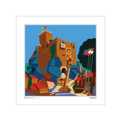 Ilustração digital de castelo geométrico com bandeiras e fundo azul