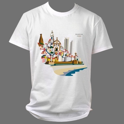 T-shirt branca com estampa colorida de paisagem urbana e texto BUAAROCK URBAN
