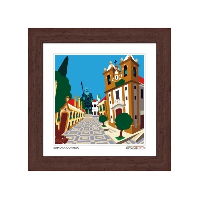 Gravura digital colorida numa moldura de madeira com cena urbana histórica