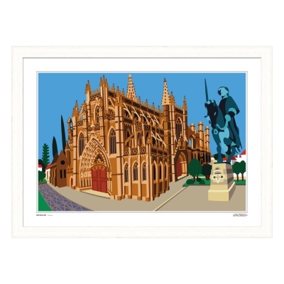 Imagem gráfica de uma catedral gótica castanha e estátua de cavaleiro azul em moldura branca