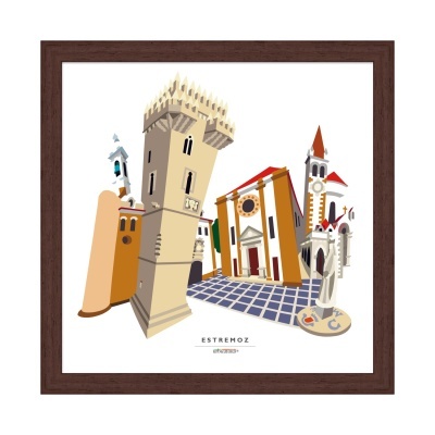 Ilustração colorida de pontos turísticos de Estremoz em moldura de madeira