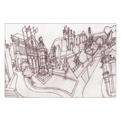 Desenho a lápis urbano com monumentos e árvores