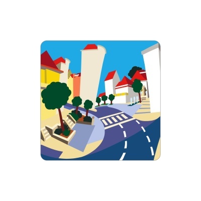 Ilustração digital de uma rua urbana com casas, árvores e passadeiras para peões