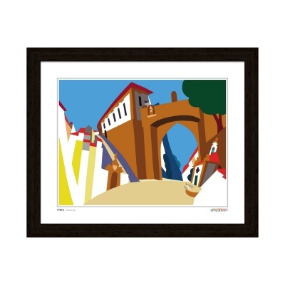 Ilustração colorida de rua com arco em quadro com moldura preta