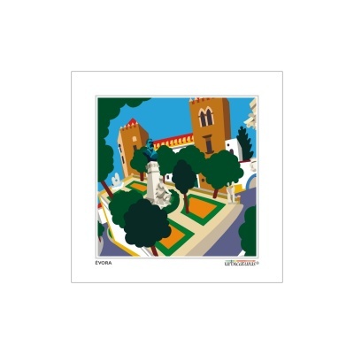 Ilustração urbana colorida com edifícios, árvores e texto ÉVORA