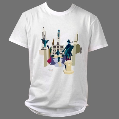 T-shirt branca com estampado colorido de monumentos de Porto e texto PORTO PORTUGAL