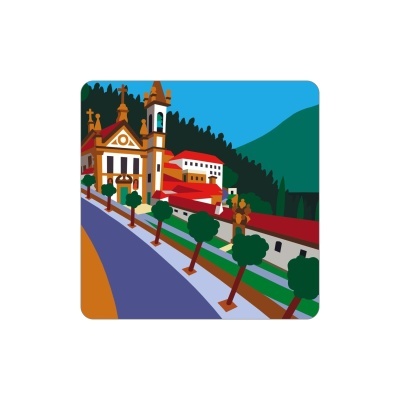 Ilustração de paisagem urbana com igreja, árvores e estrada