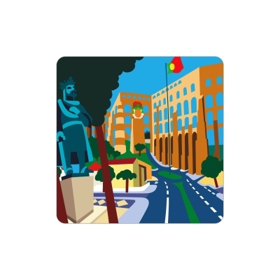 Ilustração colorida de rua com edifícios, estátua e bandeira de Portugal