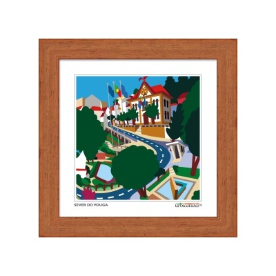 Quadro decorativo Sever do Vouga com moldura castanha e ilustração colorida