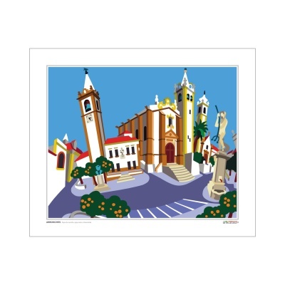 Desenho digital colorido de praça com edifícios históricos e árvore com frutos.