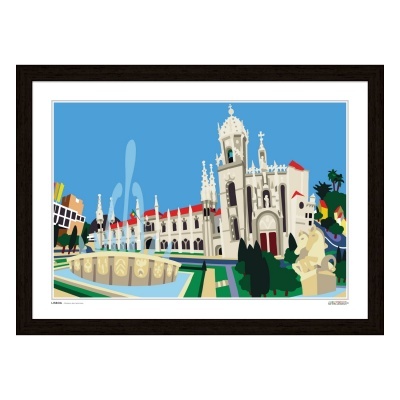 Ilustração de edifício histórico com fonte e estátuas, moldura preta.