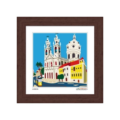 Ilustração colorida da arquitetura de Lisboa com moldura em madeira castanha escura