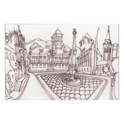 Desenho a lápis de praça com fonte e edifícios históricos