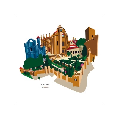 Ilustração colorida do conjunto histórico de Tomar com muralhas e edifícios