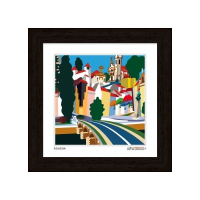 Ilustração urbana colorida com ponte, edifícios e árvores emoldurada