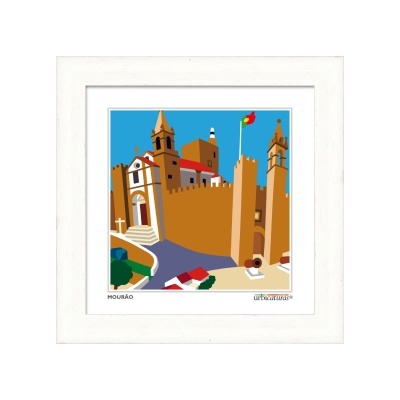 Ilustração colorida de muralhas castanhas com igrejas e torres e texto Mourão e urbearte em moldura branca