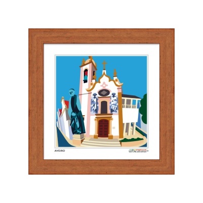 Quadro ilustrado de edifício religioso em Aveiro com moldura castanha