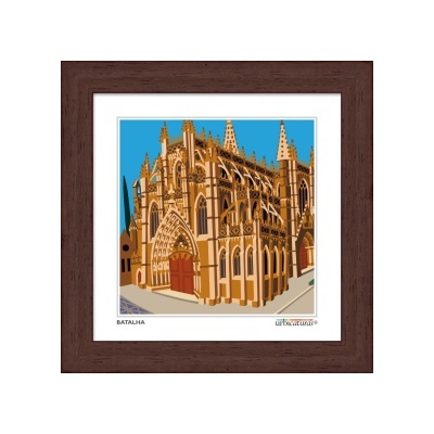 Quadro com ilustração digital da igreja de Batalha em moldura de madeira castanha