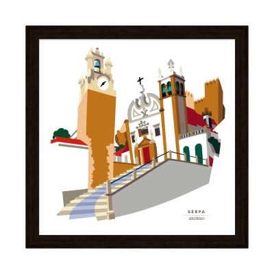 Poster estilizado de edifícios históricos em Serpa com escadaria e rampa