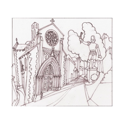 Desenho a preto e branco de igreja e estátua numa rua inclinada