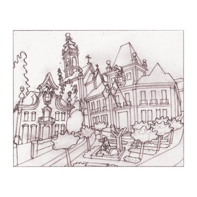 Desenho a lápis em preto e branco de edifícios e parque urbano