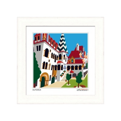 Quadro decorativo com imagem gráfica colorida e moldura branca