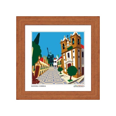 Ilustração de rua histórica com edifícios e árvores emoldurada.