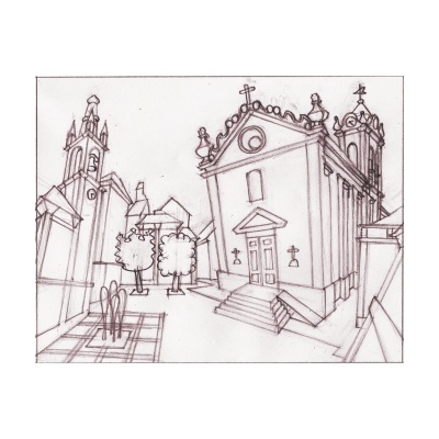 Desenho a lápis de uma praça com igreja, árvores e fonte de água