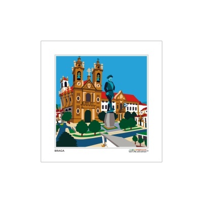 Ilustração colorida da cidade de Braga com igreja, estátua e árvores