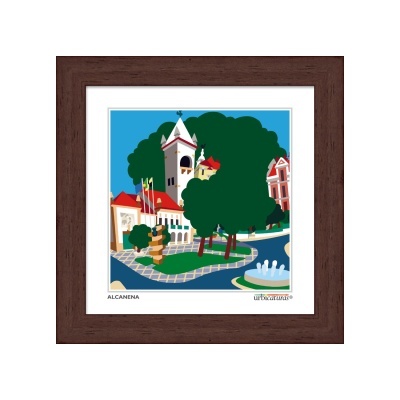 Quadro com imagem colorida de cenário urbano, árvores, fonte e edifícios com moldura de madeira escura