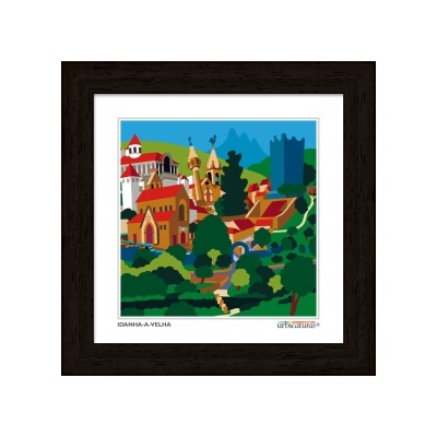 Gravura emoldurada de vila colorida estilizada, com texto IDANHA-A-VELHA e urbscapes®