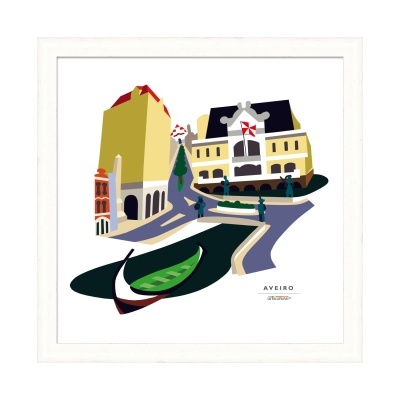 Imagem gráfica colorida de Aveiro com barco tradicional e edifícios.