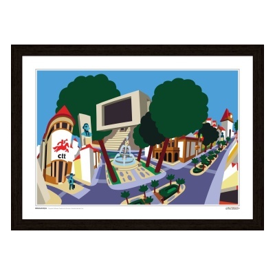 Ilustração urbana colorida com edifícios e árvores em moldura castanha escura