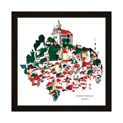 Arte gráfica emoldurada de cidade colorida com casas brancas e telhados vermelhos, texto CONSTÂNCIA