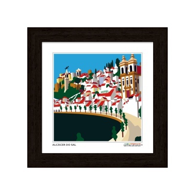 Ilustração estilizada de Alcácer do Sal com casas brancas e telhados vermelhos em moldura preta