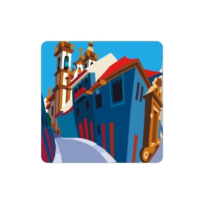 Ilustração de rua com edifícios azuis e igreja com torre ocre no céu azul.