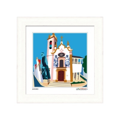 Ilustração digital colorida de uma igreja de Aveiro com azulejos azuis e estátua ao lado