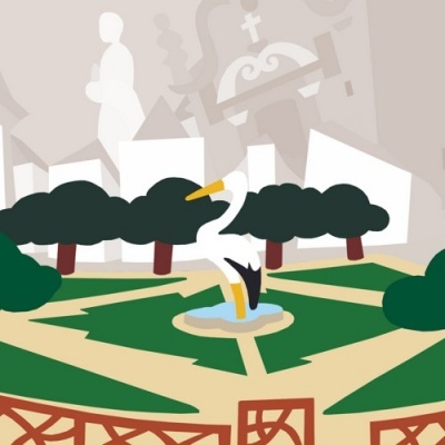 Parque com chafariz branco, árvores e caminhos em X, fundo com figura humana e arquitetura cinzenta.