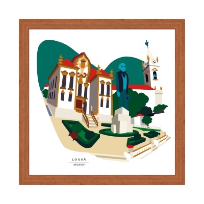 Ilustração colorida de edifício com jardim e estátua da Lousã com moldura em madeira