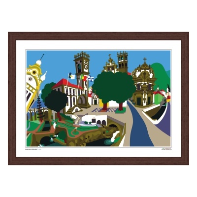 Ilustração colorida da paisagem urbana de Ribeira Grande emoldurada por madeira escura