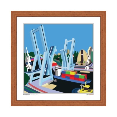 Ilustração de porto com guindastes azuis e contentores coloridos em moldura de madeira