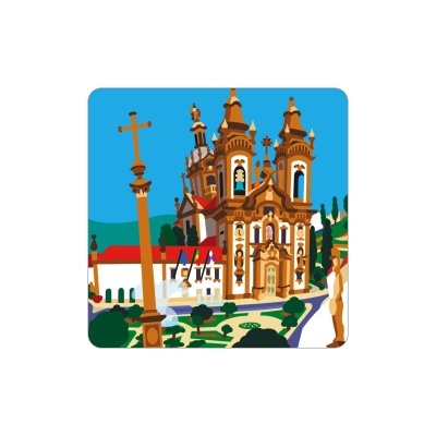 Ilustração de igreja barroca com coluna e jardim