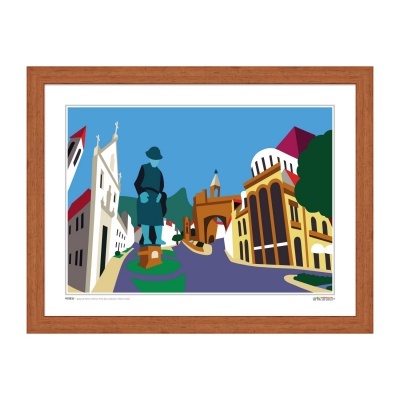 quadro com pintura colorida de paisagem urbana e estátua com moldura de madeira