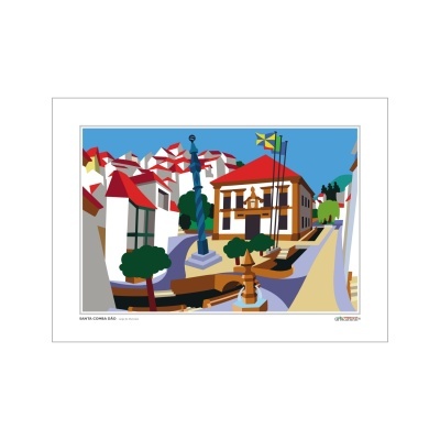 Ilustração digital colorida de praça urbana com estátua, árvores e edifícios com telhados vermelhos