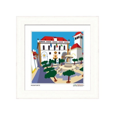 Quadro decorativo com imagem estilizada de praça com fonte e árvores em moldura branca
