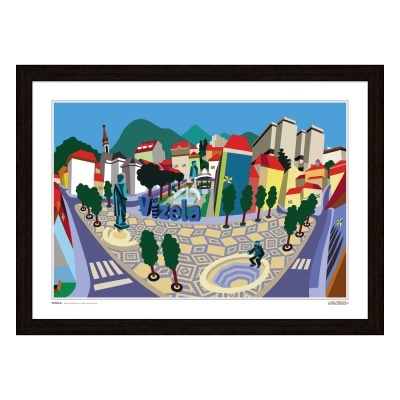 Ilustração gráfica colorida de praça em Vizela com texto Vizela