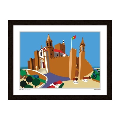 Gravura colorida emoldurada com castelo, bandeira de Portugal, céu azul e árvores.