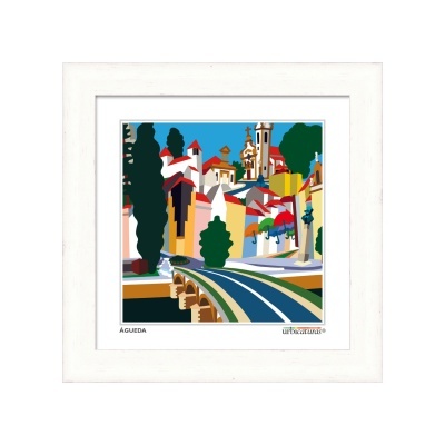 Ilustração colorida de paisagem urbana em moldura branca